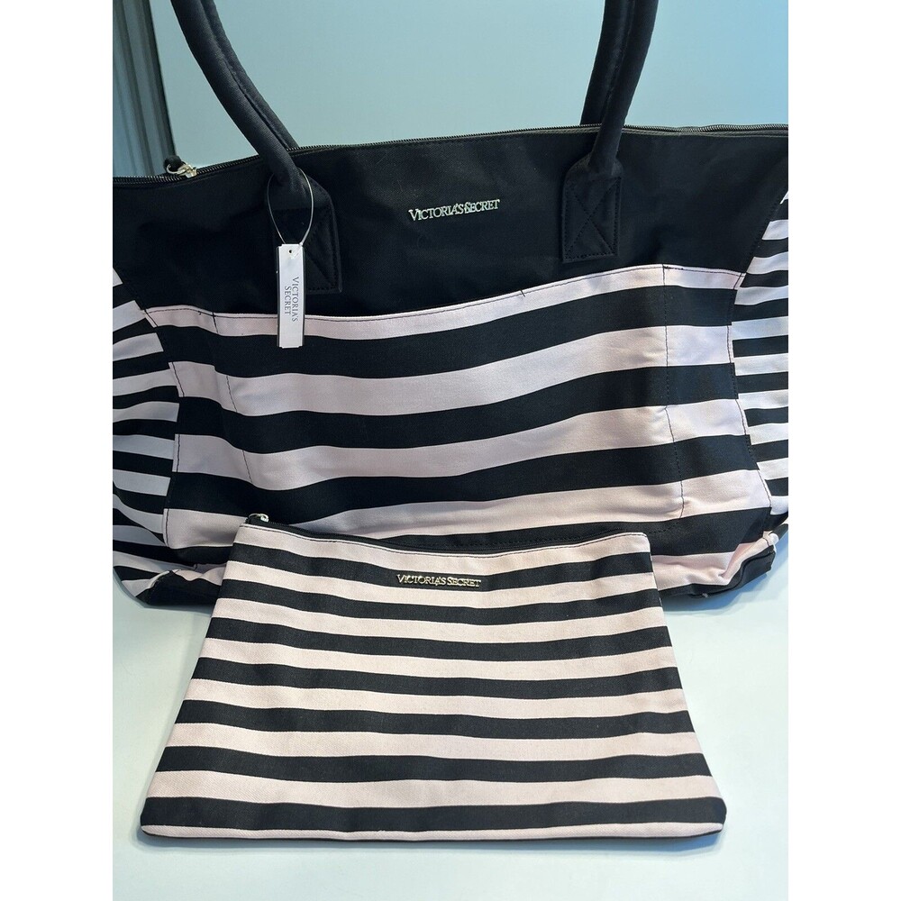 2pc Victoria’s Secret Pink & Black Weekender Duffle Tote Bag w Cosmetic Bag